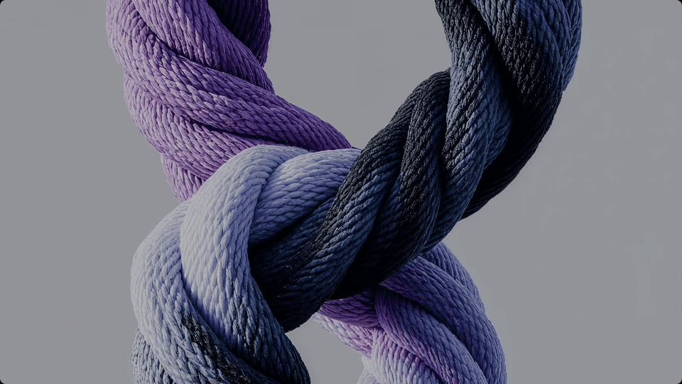 Cordas entrelaçadas em tons de roxo e azul.