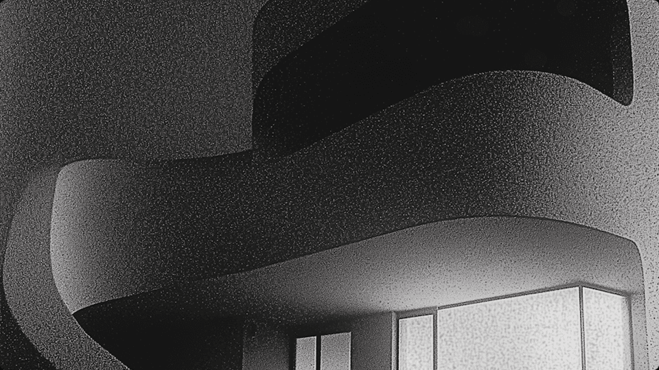 Fachada arquitetônica curva em preto e branco.